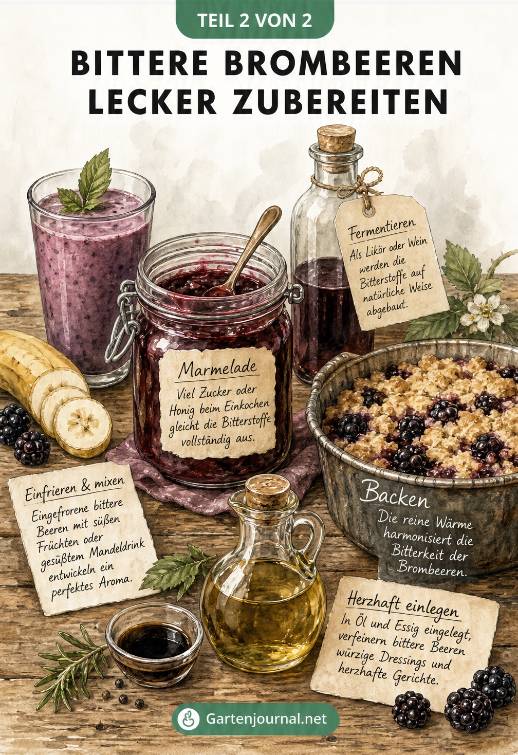 Küchen-Stillleben mit Marmelade, Smoothie, Crumble und Likör aus Brombeeren, das zeigt, wie man bittere Früchte lecker zubereitet.