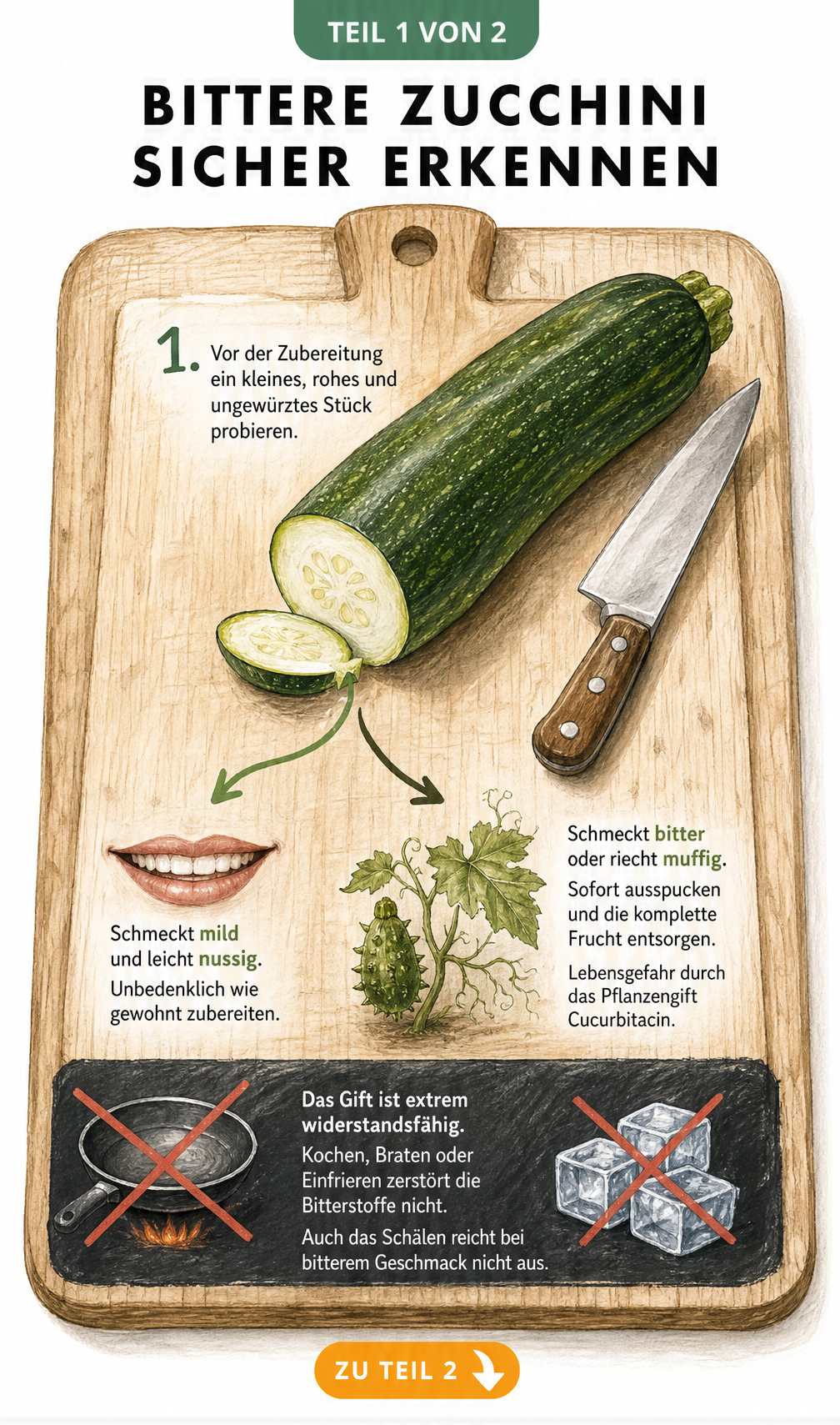 Illustration einer angeschnittenen Zucchini auf einem Holzbrett mit Hinweisen zur Geschmacksprobe und Warnung vor dem Pflanzengift Cucurbitacin