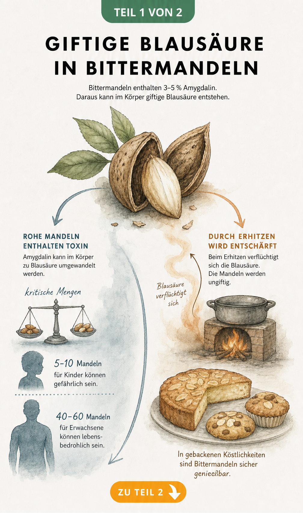 Illustration einer Bittermandel mit Darstellung des Blausäuregehalts und der Entgiftung durch Erhitzen