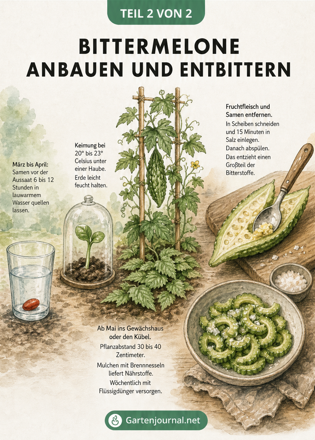 Aquarellierte Darstellung vom Bittermelonen-Samen im Wasserglas über den Keimling und die rankende Pflanze bis zur Zubereitung in der Küche