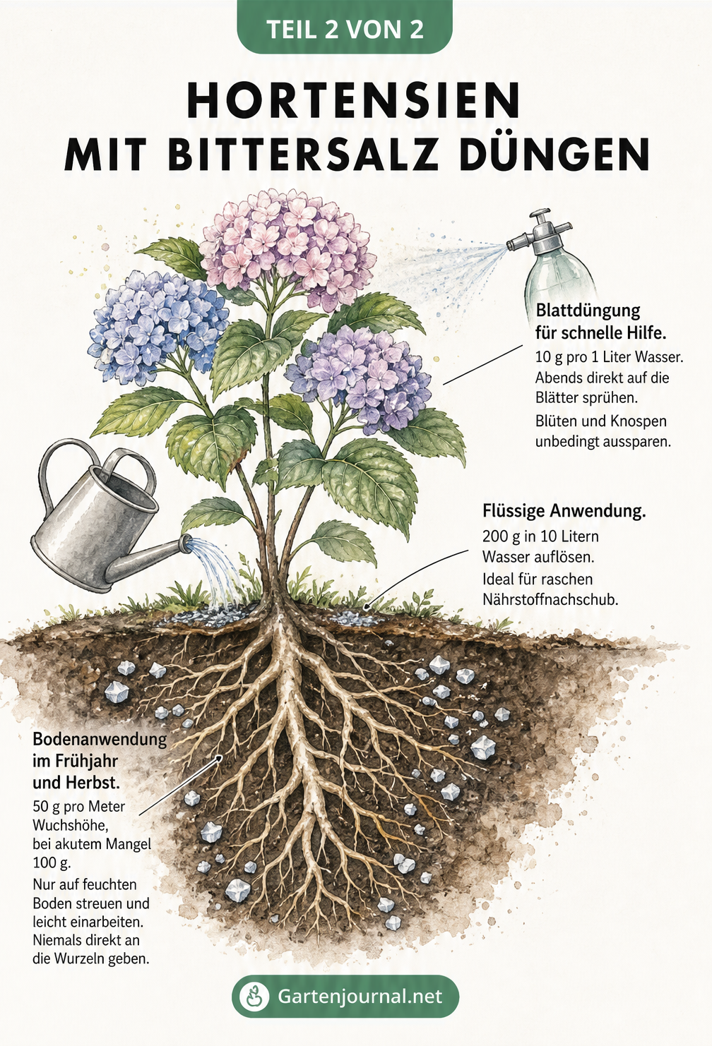 Aquarell-Illustration einer Hortensie, die die drei Anwendungsmethoden von Bittersalz zeigt: Blattdüngung, flüssige Anwendung und Bodenanwendung.