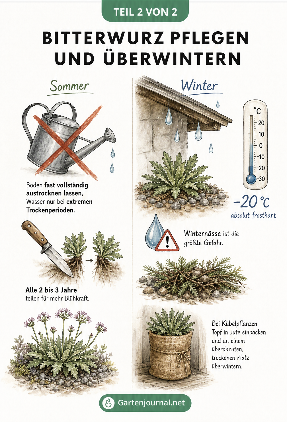 Illustration zur Pflege der Bitterwurz im Sommer und Winter, mit Hinweisen zum Gießen, Teilen und Überwintern