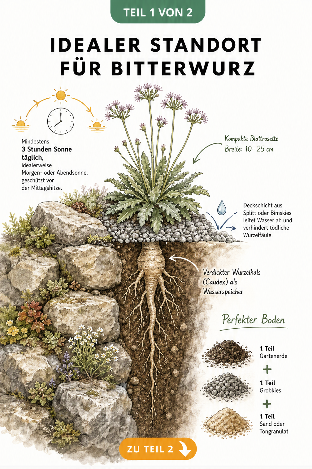Querschnitt-Illustration einer Bitterwurz im Steingarten mit Wurzelsystem, Sonnenbedarf und optimaler Bodenmischung