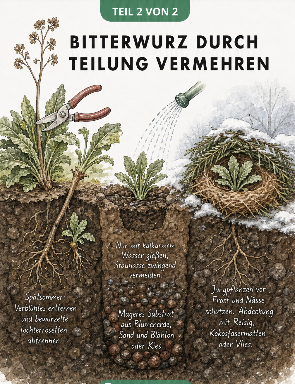 Querschnitt durch das Erdreich zeigt die Vermehrung der Bitterwurz durch Teilung im Spätsommer, das Einpflanzen und den Winterschutz