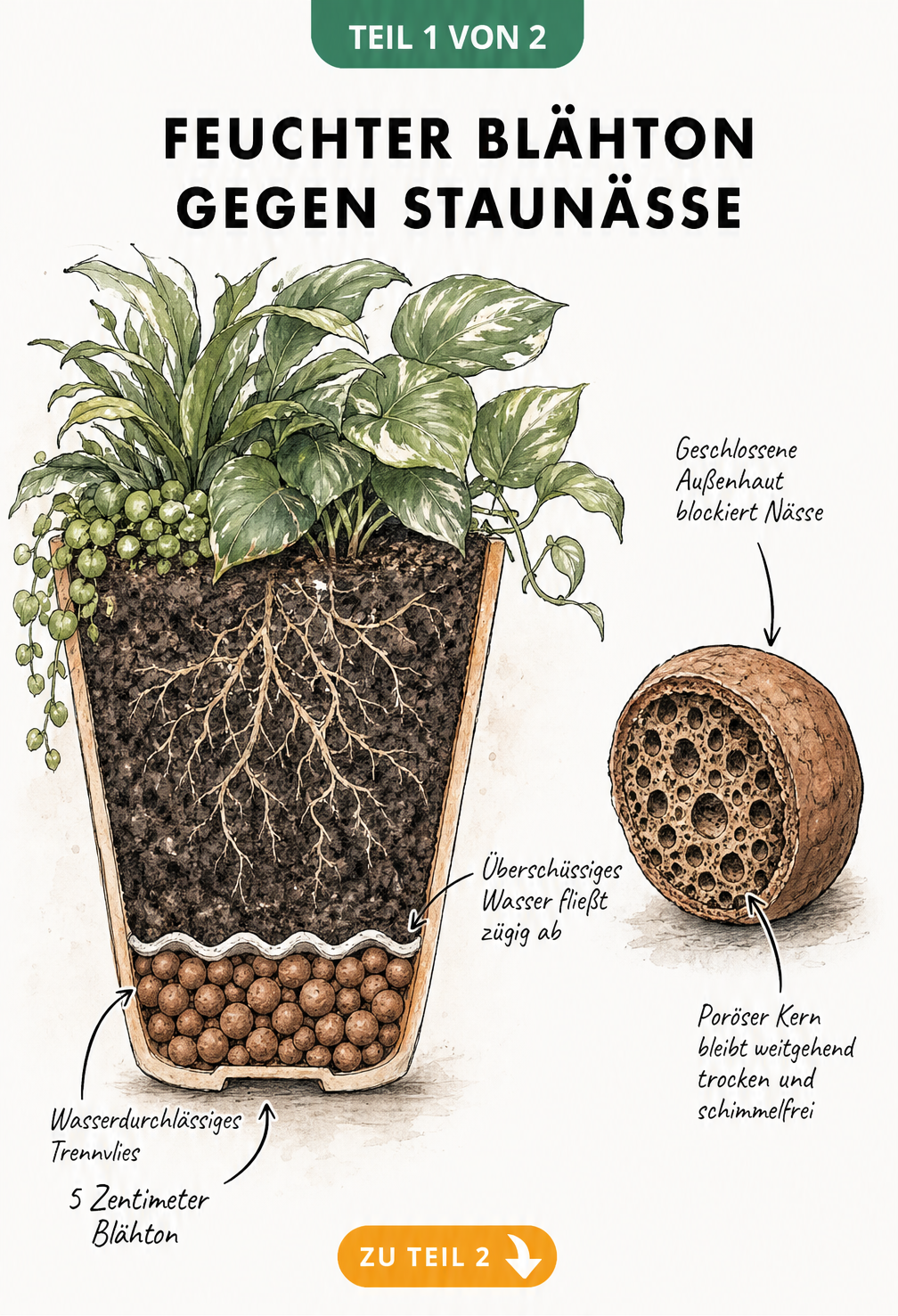 Schnittzeichnung eines bepflanzten Blumentopfs mit einer Drainageschicht aus Blähton, Trennvlies und Blumenerde sowie einer aufgeschnittenen Tonkugel.