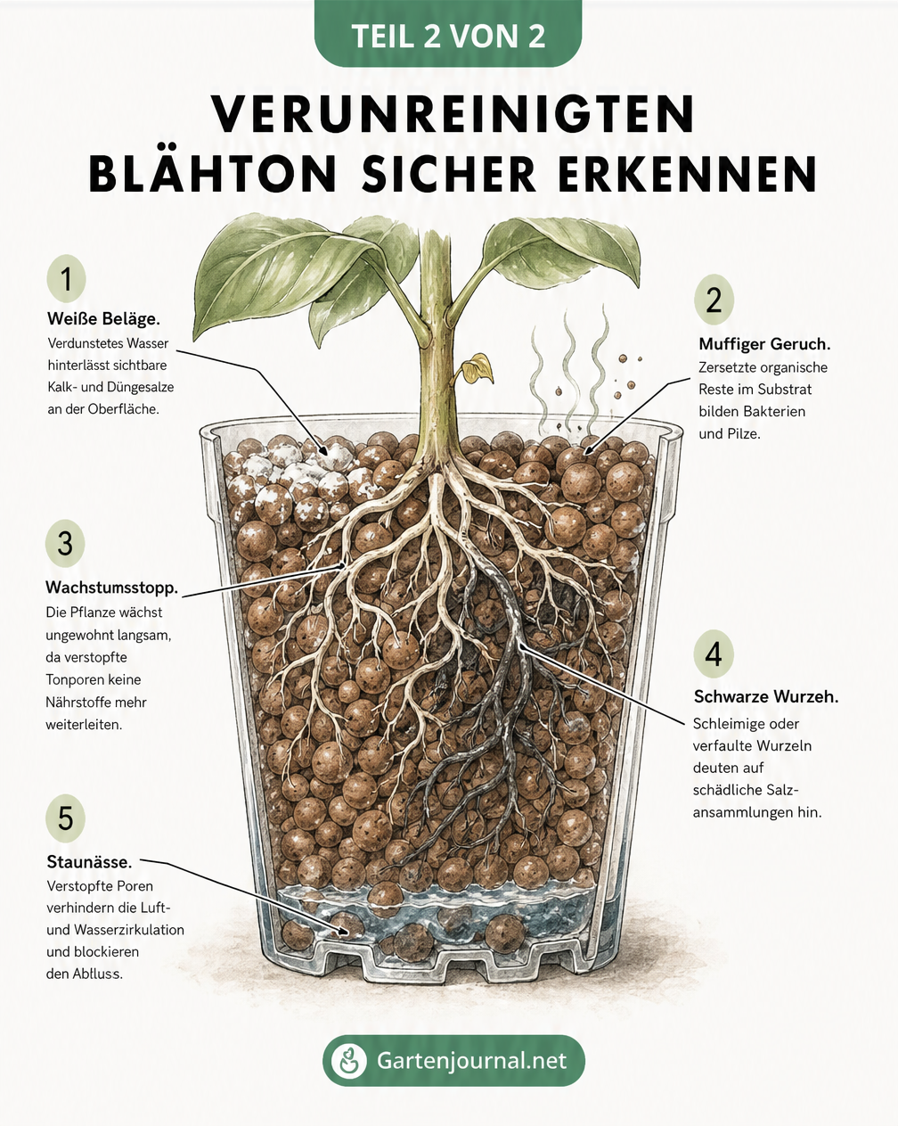 Querschnitt eines Pflanztopfes, der fünf Anzeichen für verunreinigten Blähton zeigt: weiße Beläge, muffiger Geruch, Wachstumsstopp, schwarze Wurzeln und...