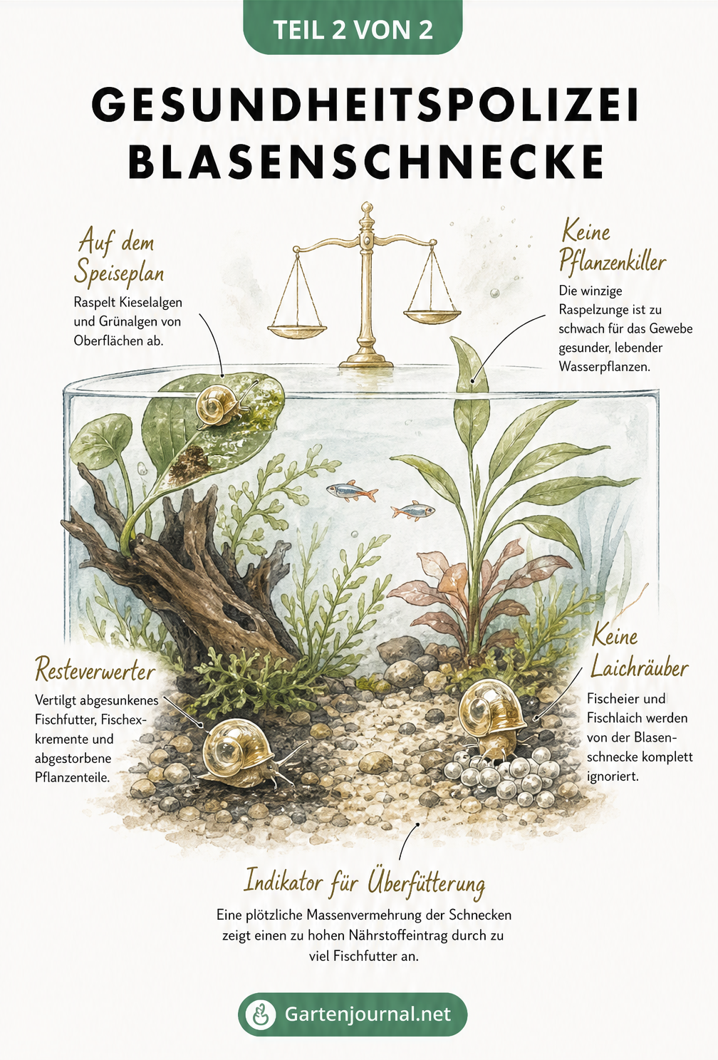 Illustration eines bepflanzten Aquariums, die zeigt, wie Blasenschnecken Algen und Reste fressen, ohne gesunde Pflanzen oder Fischlaich zu beschädigen