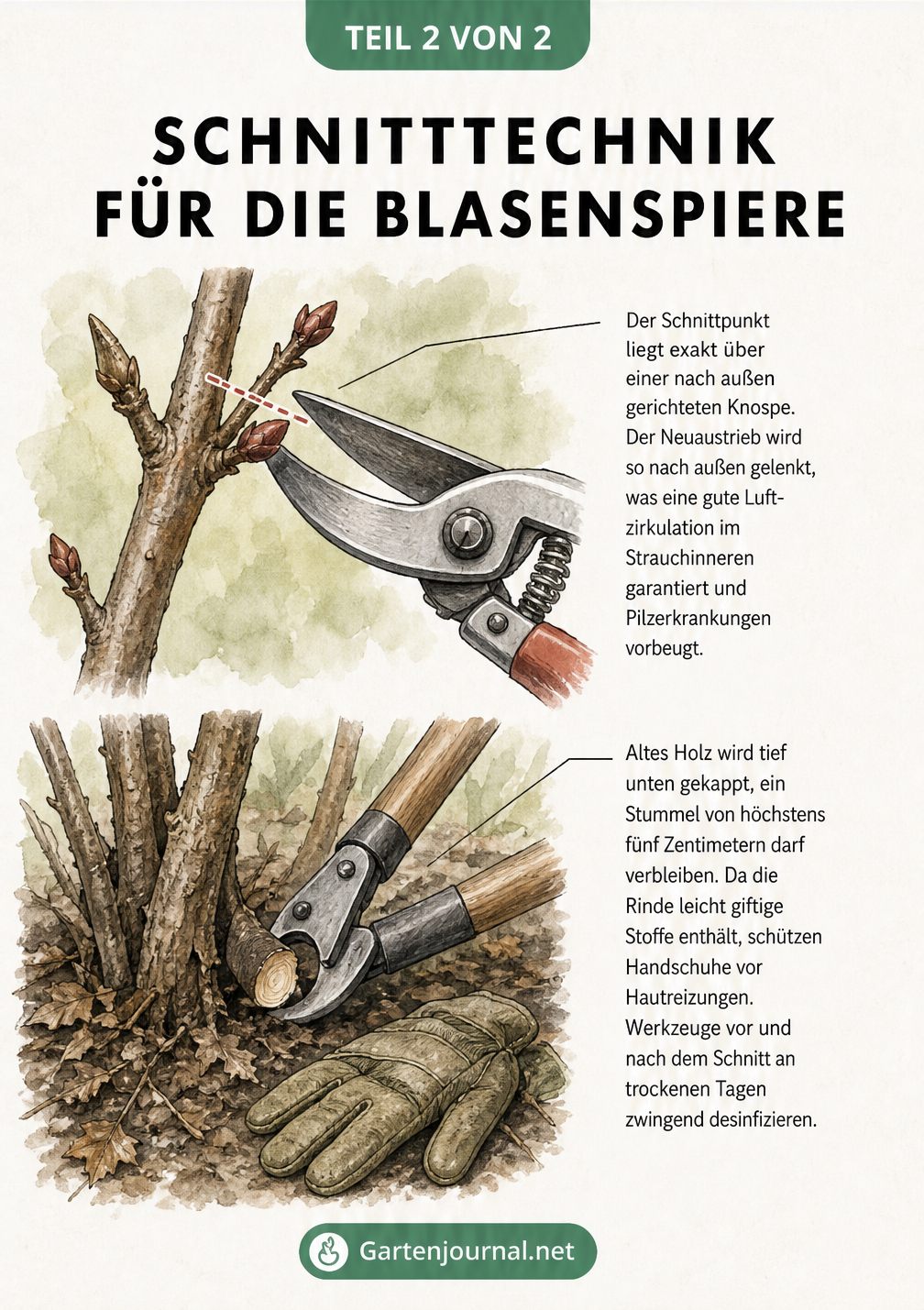 Detailzeichnung der Schnitttechnik an der Blasenspiere: Schere über einer nach außen gerichteten Knospe und bodennaher Schnitt am Wurzelhals.
