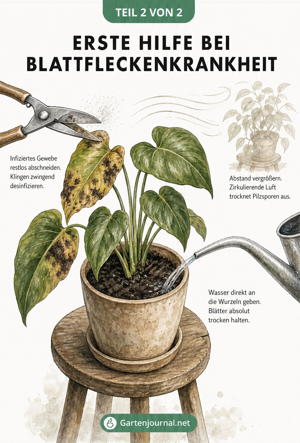 Illustration einer Zimmerpflanze, bei der kranke Blätter mit einer desinfizierten Schere abgeschnitten werden und Wasser direkt an die Wurzeln gegossen wird.