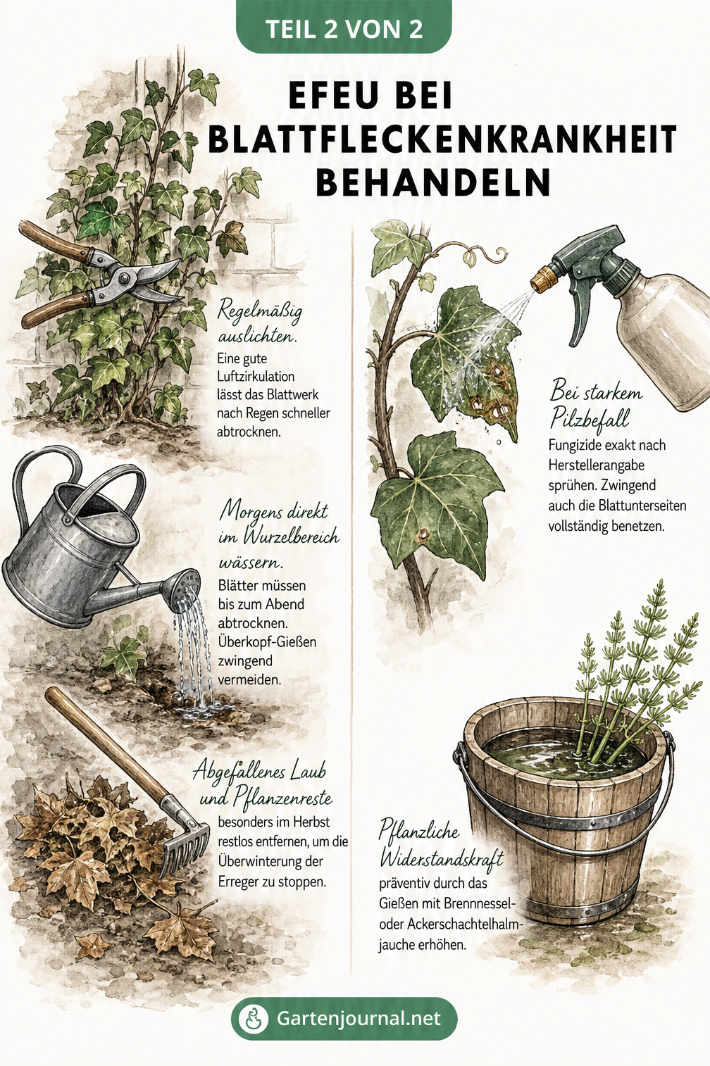 Illustration von Maßnahmen zur Vorbeugung und Behandlung der Blattfleckenkrankheit bei Efeu