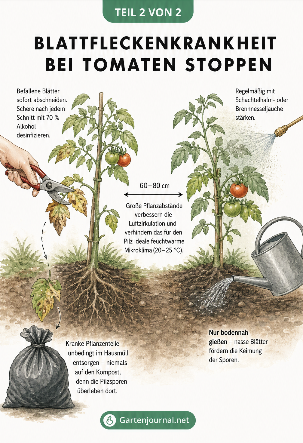 Illustration von Gartenmaßnahmen gegen Blattfleckenkrankheit: Abschneiden kranker Blätter, Entsorgung im Müllbeutel und bodennahes Gießen