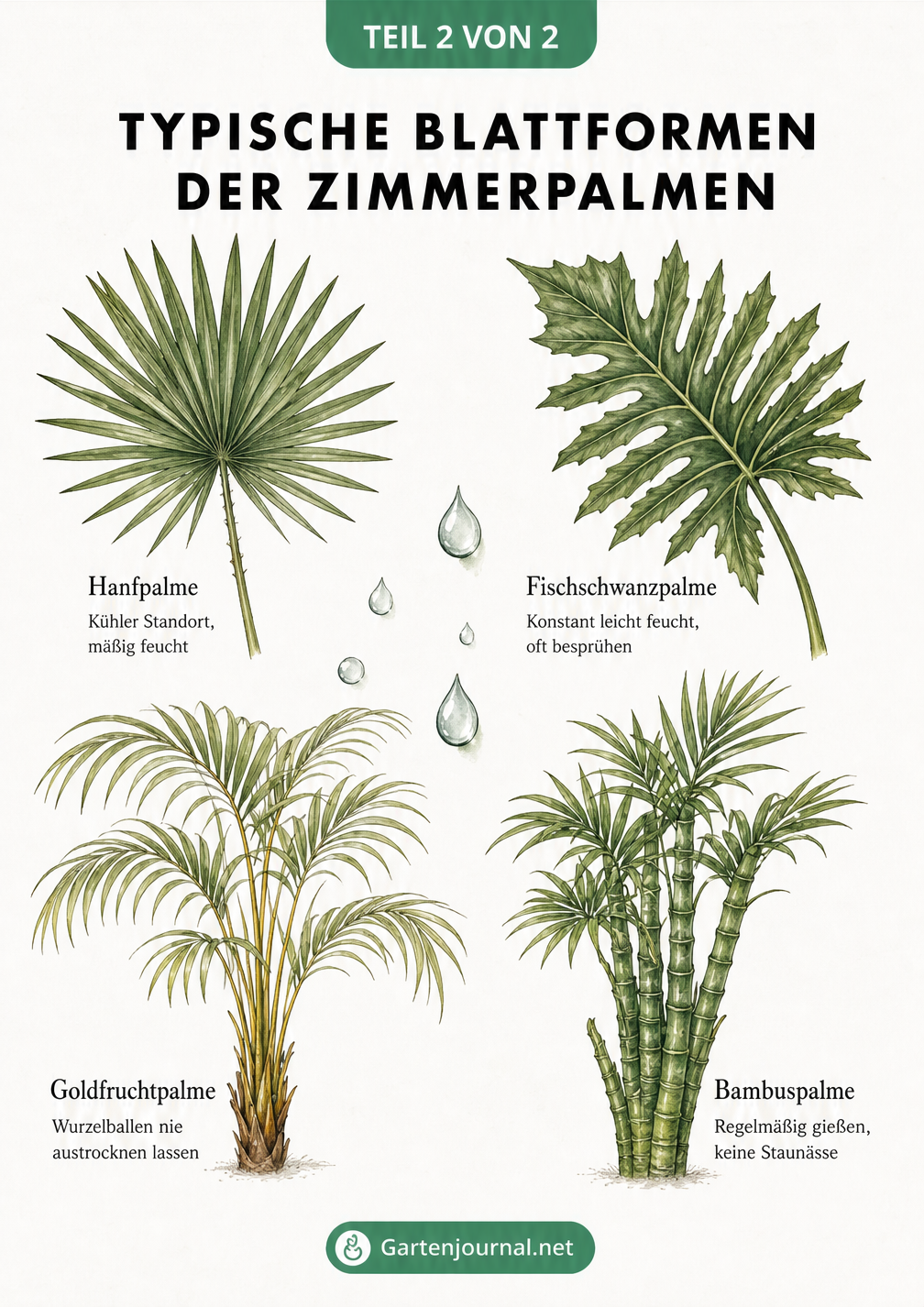 Detaillierte botanische Zeichnungen der Blattformen von Hanfpalme, Fischschwanzpalme, Goldfruchtpalme und Bambuspalme mit Pflegehinweisen.