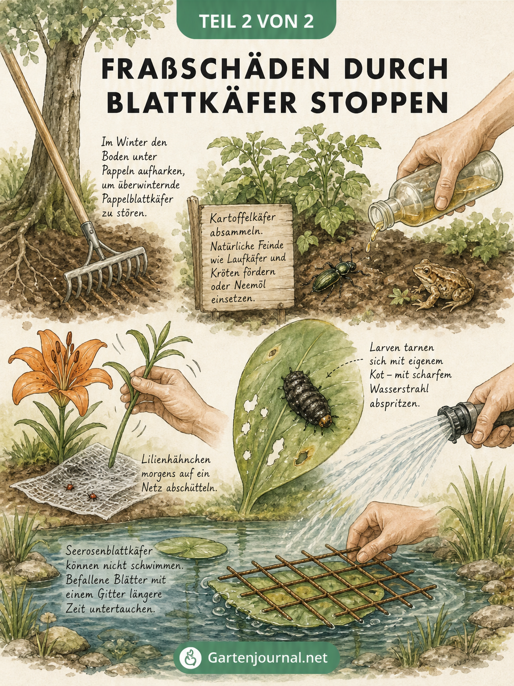 Zeichnung verschiedener Abwehrmaßnahmen gegen Blattkäfer im Garten, wie Boden aufharken, Absammeln, Netz unterlegen und Blätter untertauchen