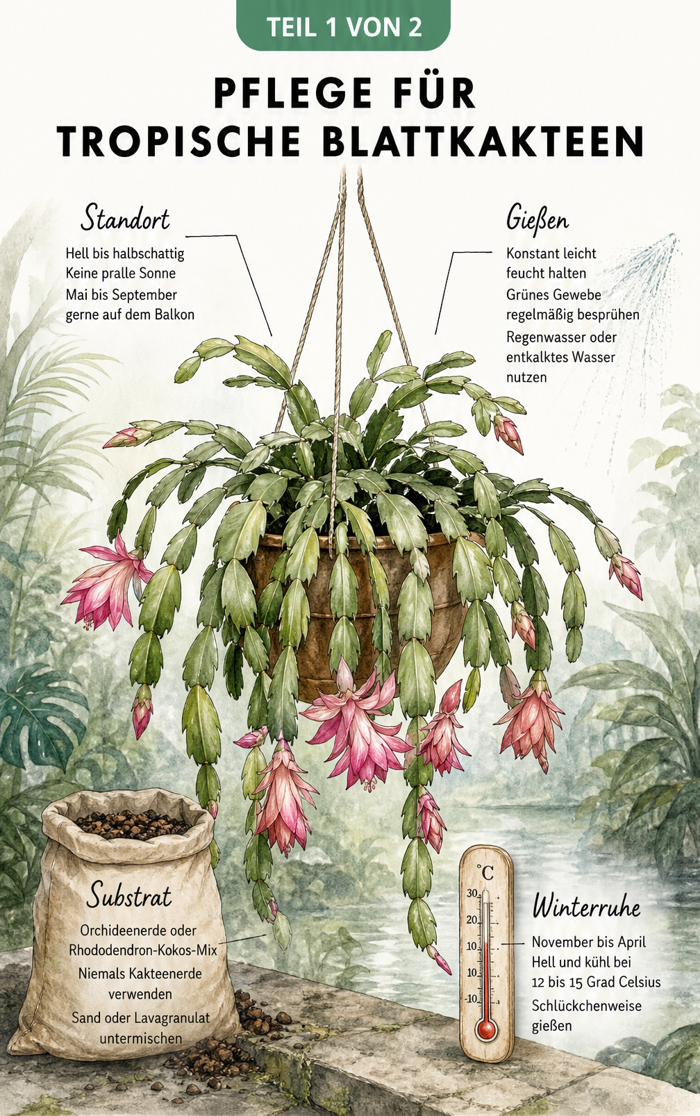 Illustration eines blühenden Blattkaktus in einer Blumenampel mit Pflegetipps zu Standort, Substrat, Gießen und Winterruhe