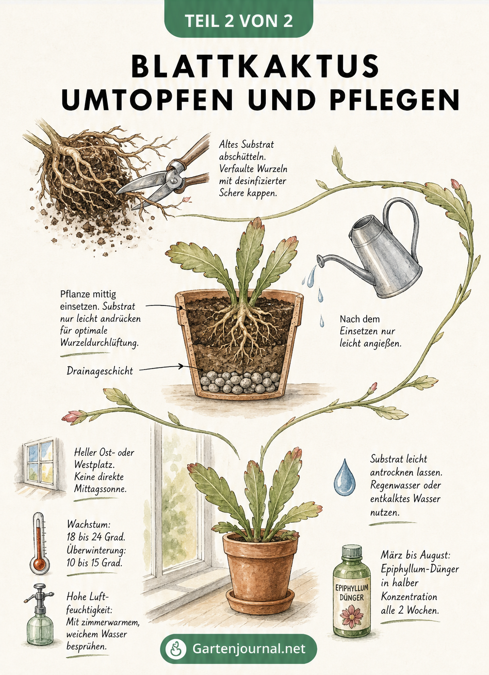 Illustration zur Pflege eines Blattkaktus nach dem Umtopfen mit Hinweisen zu Standort, Licht und Gießen