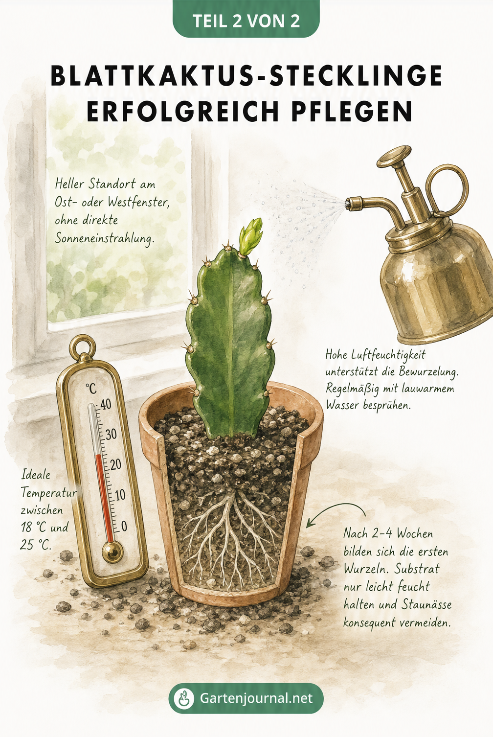 Illustration eines frisch eingetopften Blattkaktus-Stecklings mit neuem Trieb, Thermometer und Pflanzenspritze.
