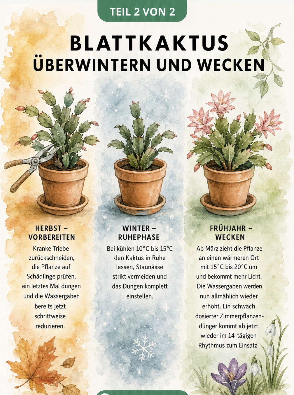 Aquarell-Verlauf vom Herbst bis zum Frühling, der den Blattkaktus beim Rückschnitt, in der Winterruhe und beim Wecken mit ersten Blüten zeigt