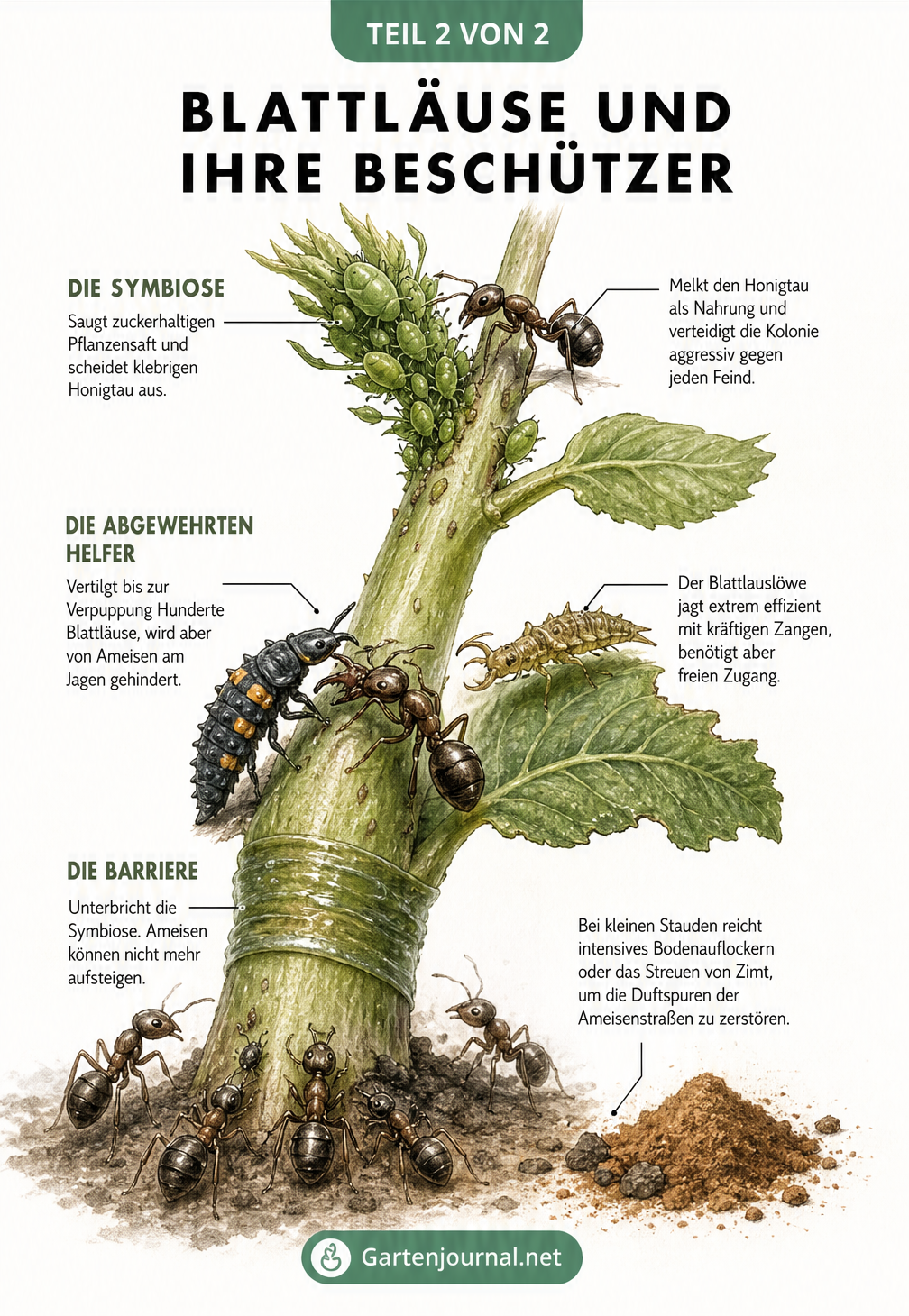 Illustration der Symbiose von Blattläusen und Ameisen an einem Pflanzenstängel, abgewehrte Nützlinge und ein Raupenleimring als Barriere.