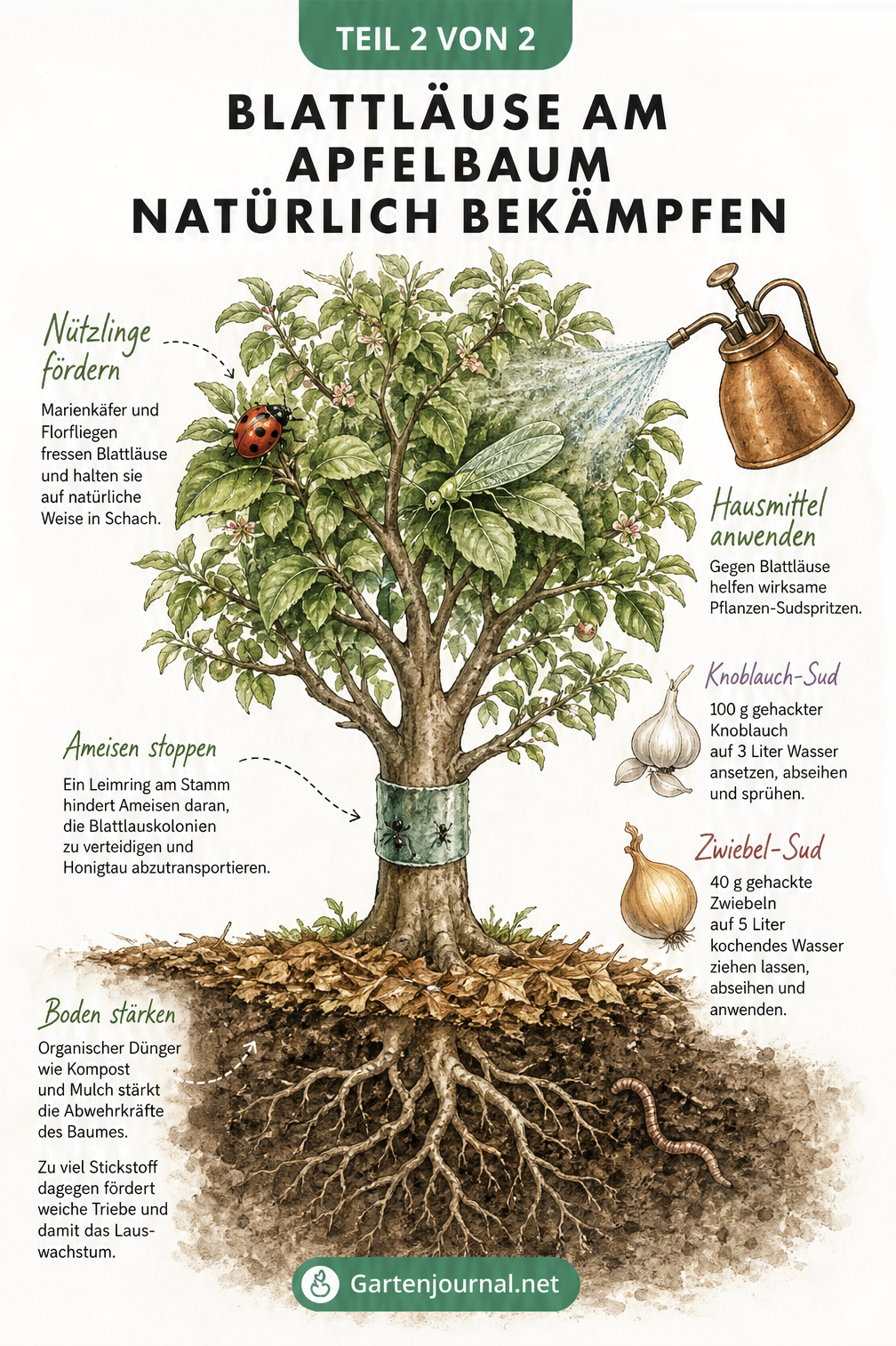Illustration eines Apfelbaums mit natürlichen Methoden zur Blattlausbekämpfung wie Nützlingen, Leimring und Hausmitteln