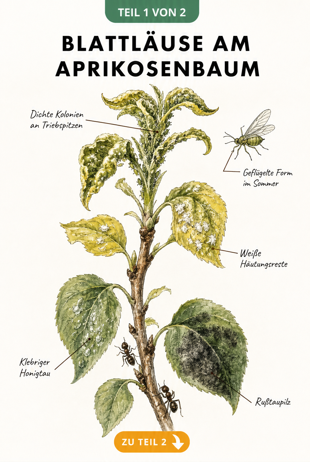 Botanische Illustration eines Aprikosenzweigs mit Symptomen eines Blattlausbefalls wie Honigtau, Rußtaupilz und eingerollten Blättern