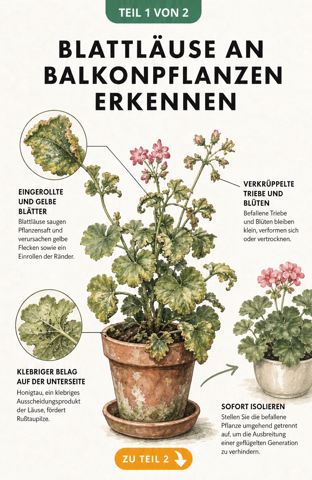 Botanische Illustration einer Balkonpflanze mit Blattlausbefall, die gelbe Flecken, eingerollte Blattränder und klebrigen Belag zeigt.