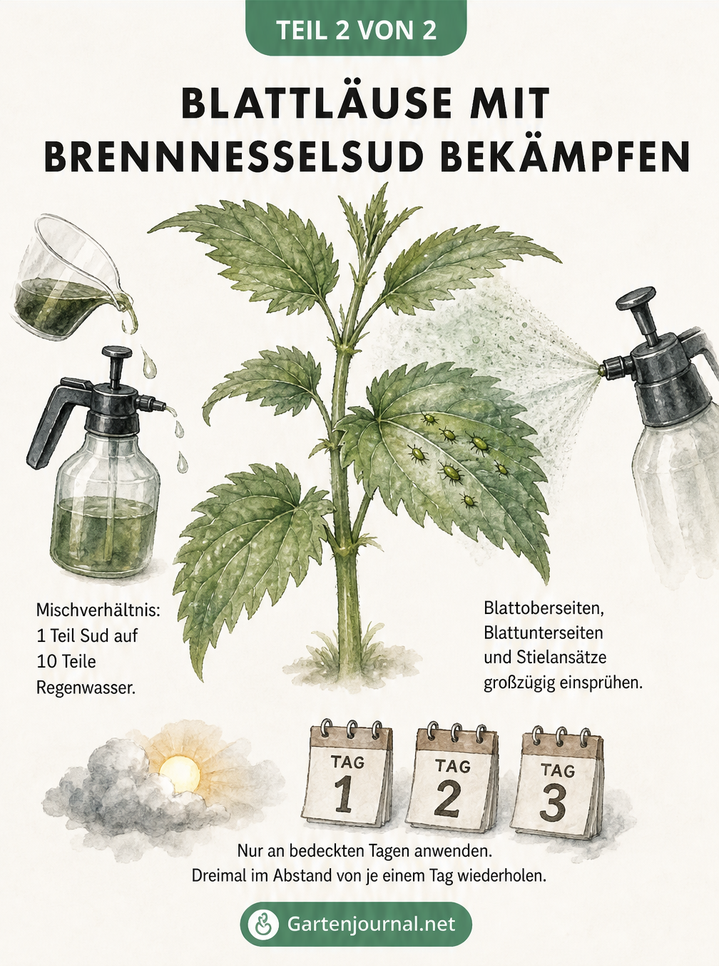 Illustration: Ein Pflanzenstängel mit Blattläusen wird mit verdünntem Brennnesselsud aus einer Sprühflasche besprüht.