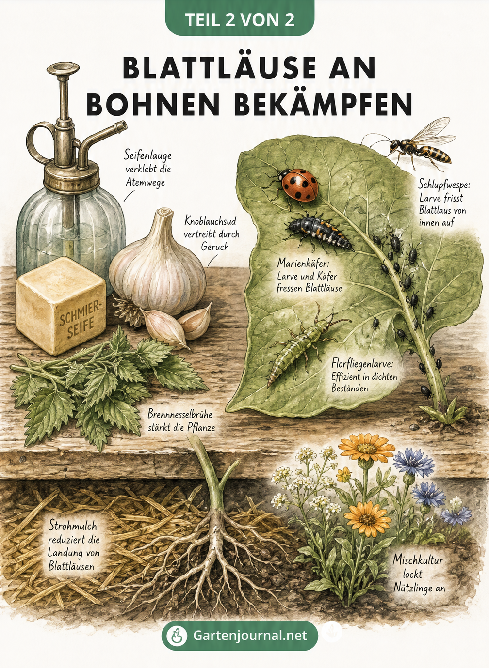 Zeichnung eines Pflanztisches mit Hausmitteln wie Schmierseife, Knoblauch und Brennnesseln sowie Nützlingen wie Marienkäfer, Florfliegenlarve und Schlupfwespe...