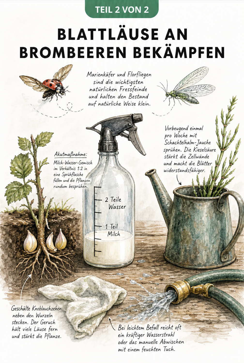 Illustration von natürlichen Mitteln gegen Blattläuse: Sprühflasche mit Milch-Wasser-Gemisch, Knoblauchzehen in der Erde, Schachtelhalm in Gießkanne und...
