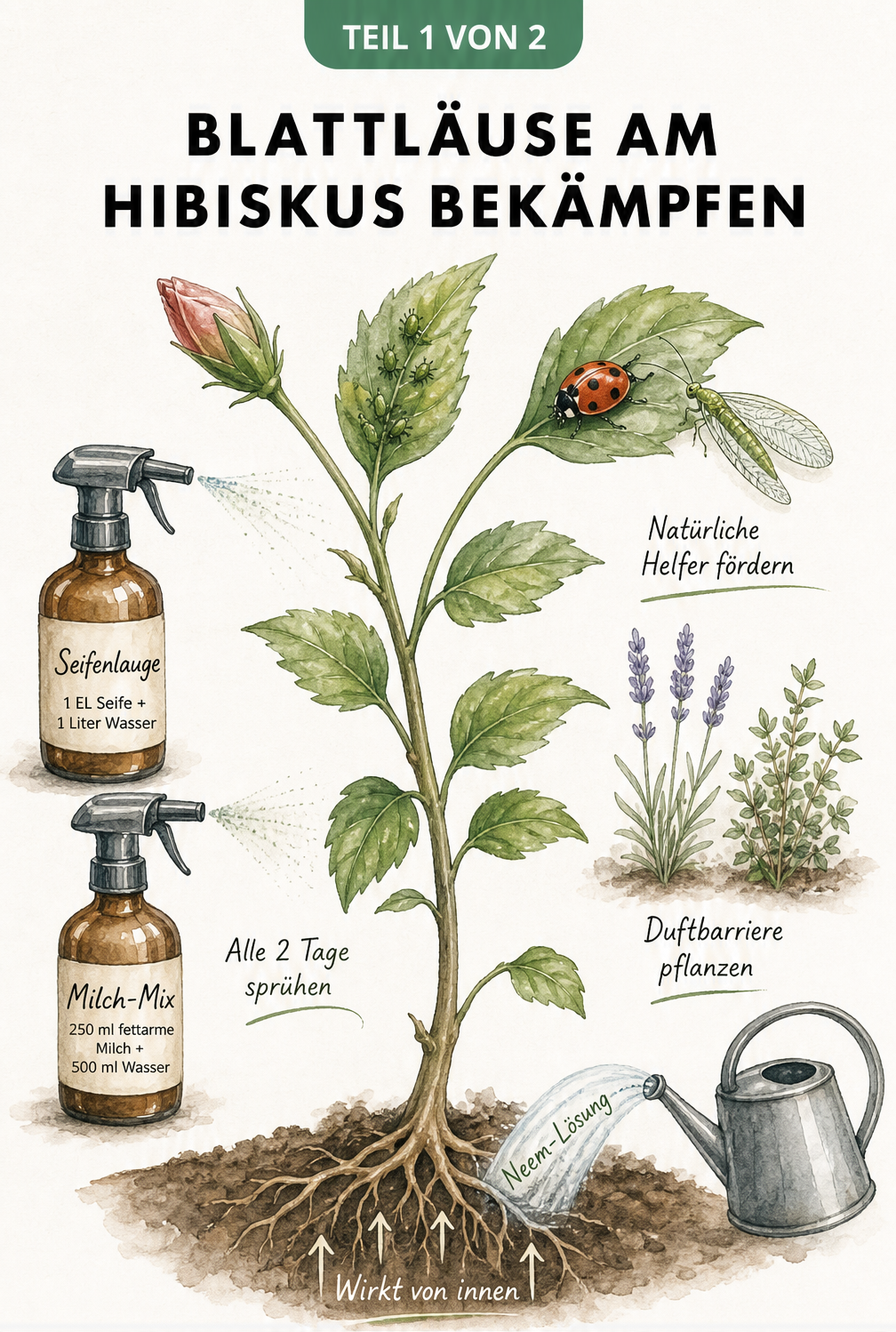 Illustration eines Hibiskuszweigs mit Hausmitteln wie Seifenlauge und Milch-Mix sowie Nützlingen zur Bekämpfung von Blattläusen