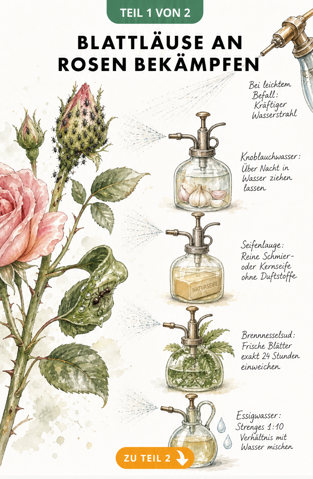 Aquarell-Zeichnung einer Rose mit Blattläusen und vier Sprühflaschen mit Hausmitteln wie Knoblauchwasser, Seifenlauge, Brennnesselsud und Essigwasser