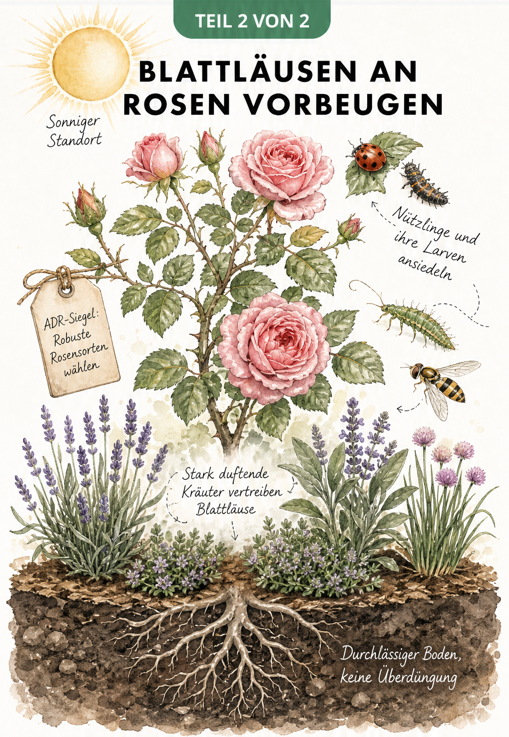 Illustration eines gesunden Rosenstocks mit Begleitpflanzen wie Lavendel und Nützlingen wie Marienkäfer und Florfliegenlarve zur Vorbeugung von Blattläusen