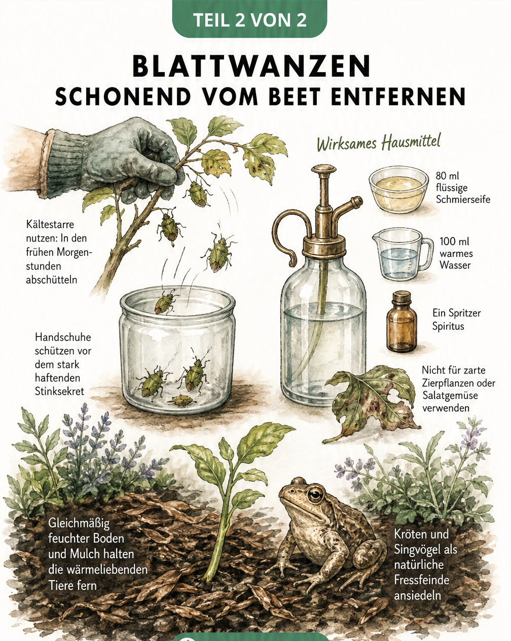 Aquarell-Illustration zur schonenden Entfernung von Blattwanzen durch Abschütteln, Seifenlauge und Mulchen