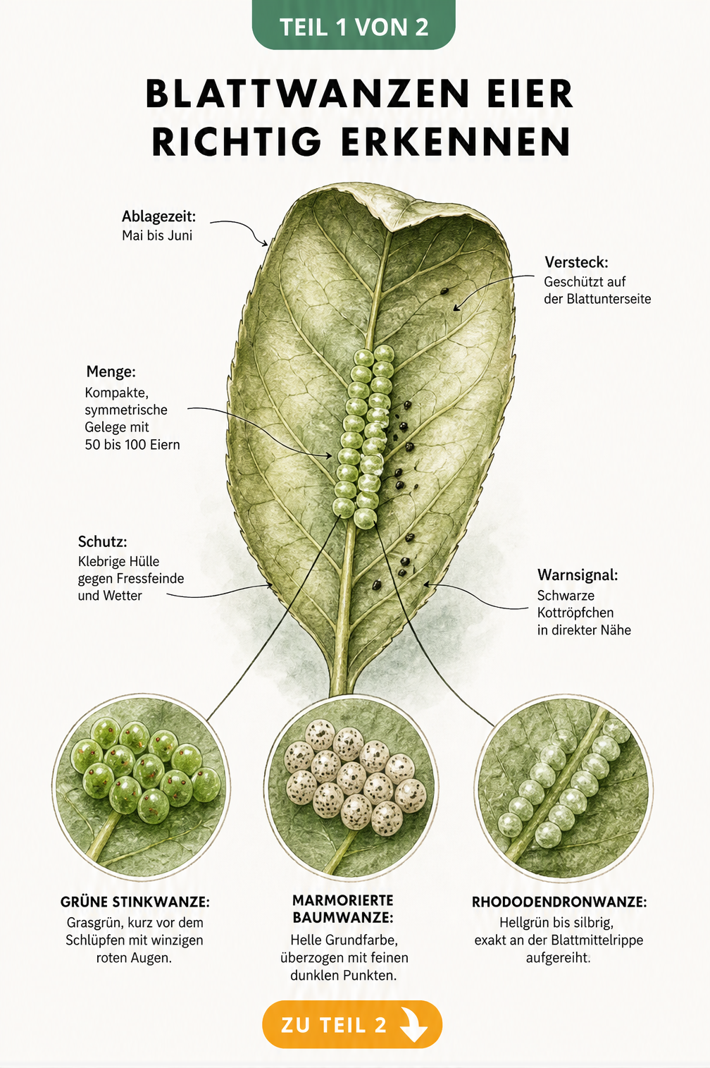 Botanische Illustration eines Laubblattes mit Blattwanzeneiern an der Mittelrippe und Detailansichten der Eier von Grüner Stinkwanze, Marmorierter Baumwanze...