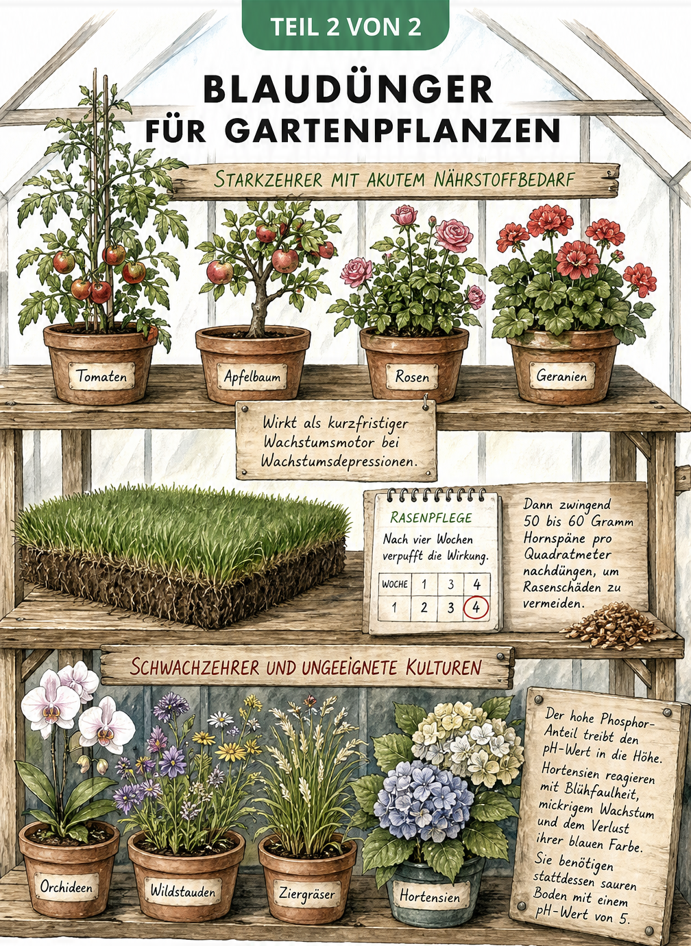 Illustration eines Gewächshaus-Regals, das zeigt, welche Pflanzen Blaudünger vertragen (Starkzehrer wie Tomaten und Rosen) und welche nicht (Schwachzehrer wie...