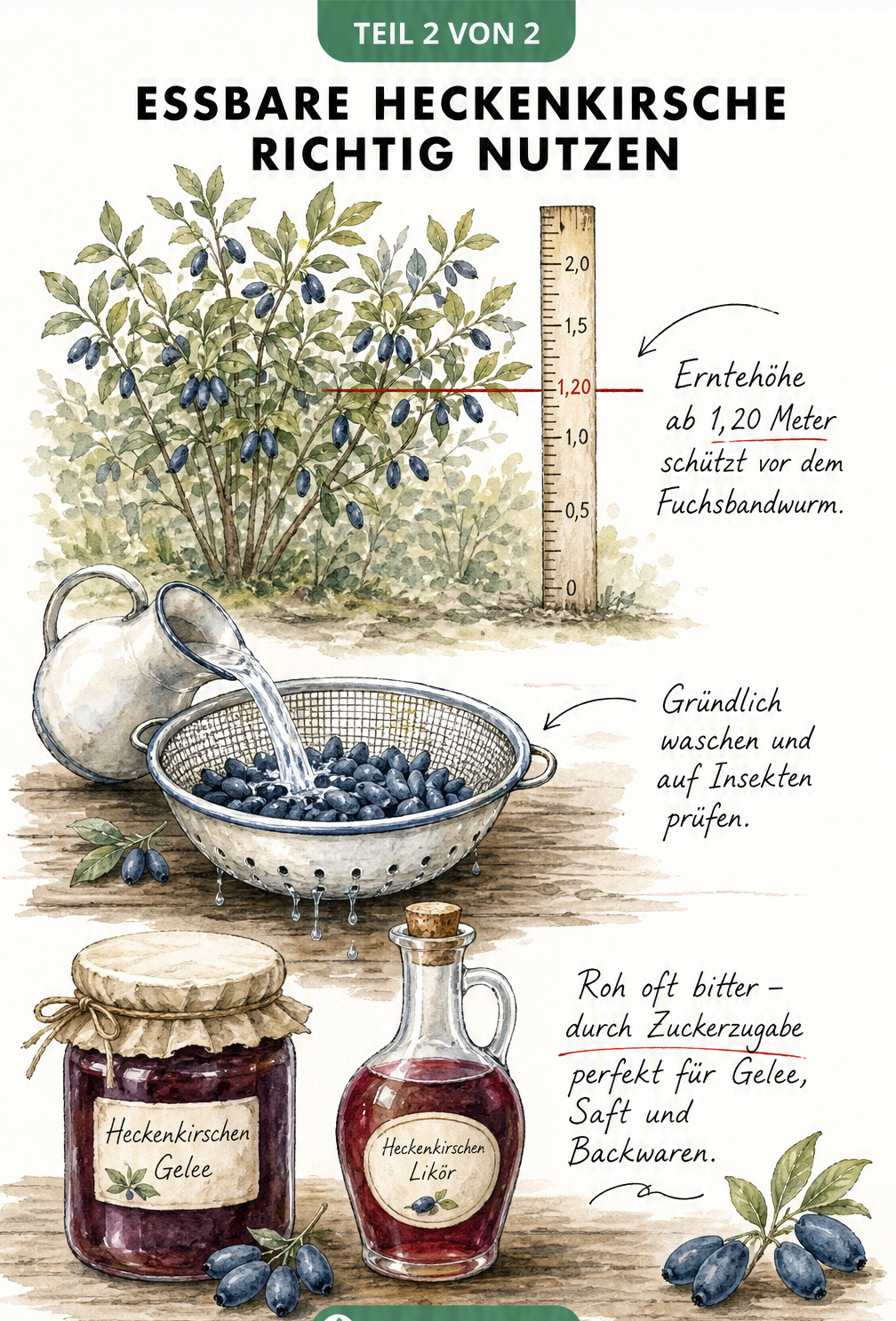 Skizze zur Ernte und Verarbeitung der blauen Heckenkirsche mit Tipps zur Zubereitung