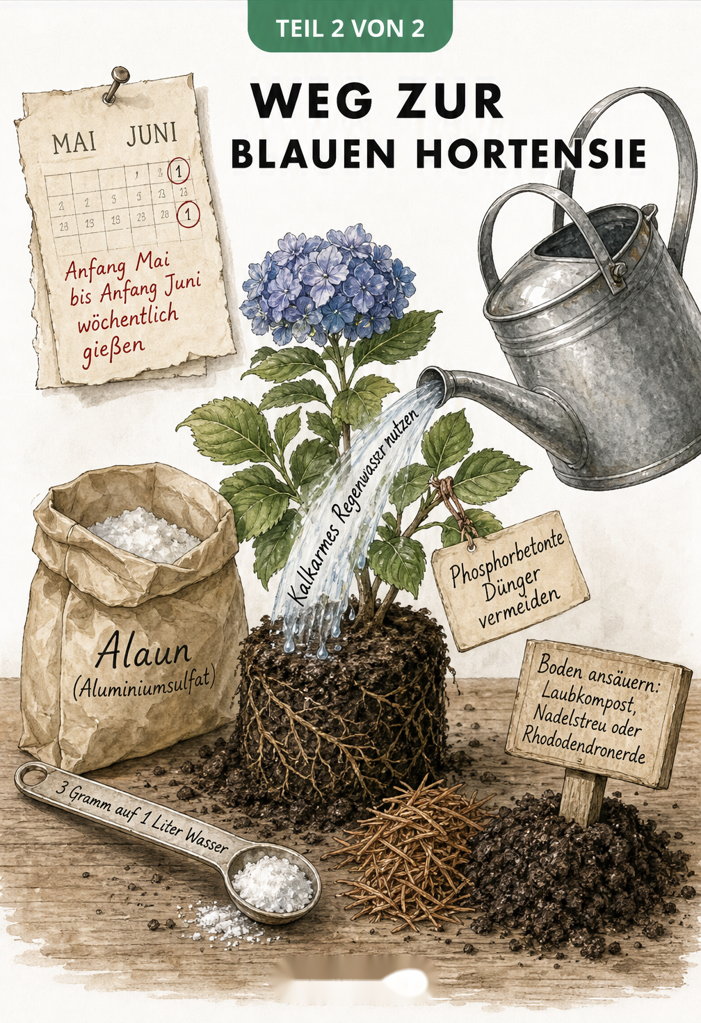 Illustration einer Gießkanne, Alaun-Pulver und Kalenderblatt mit Tipps zur Pflege für blaue Hortensien.