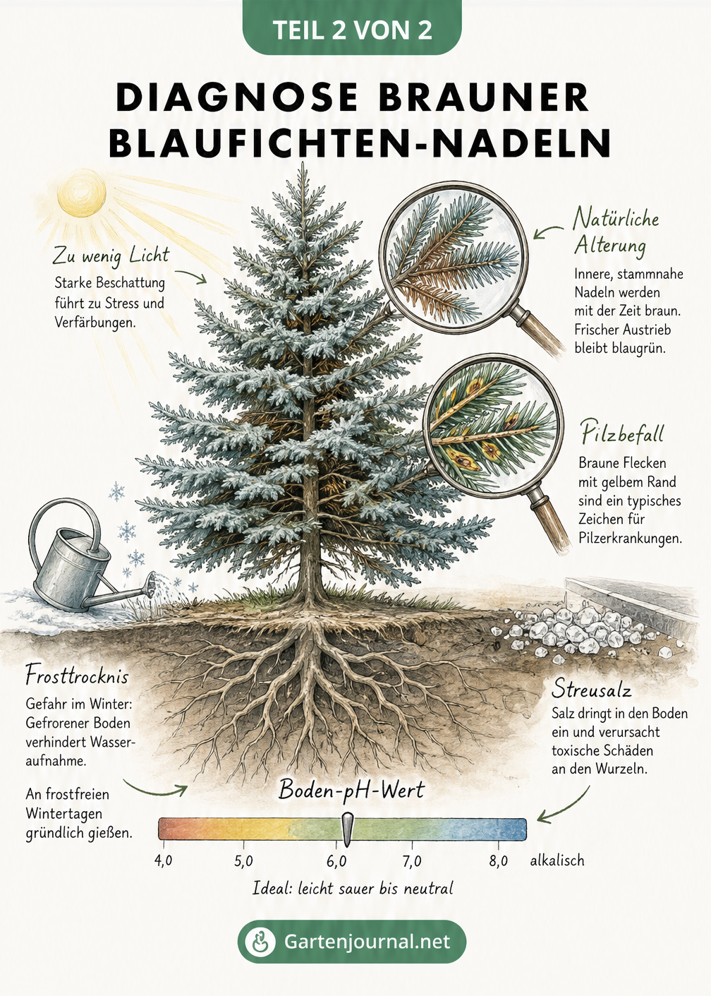 Querschnitt einer Blaufichte mit Wurzelwerk, der Ursachen für braune Nadeln wie Lichtmangel, Pilze und falschen pH-Wert zeigt