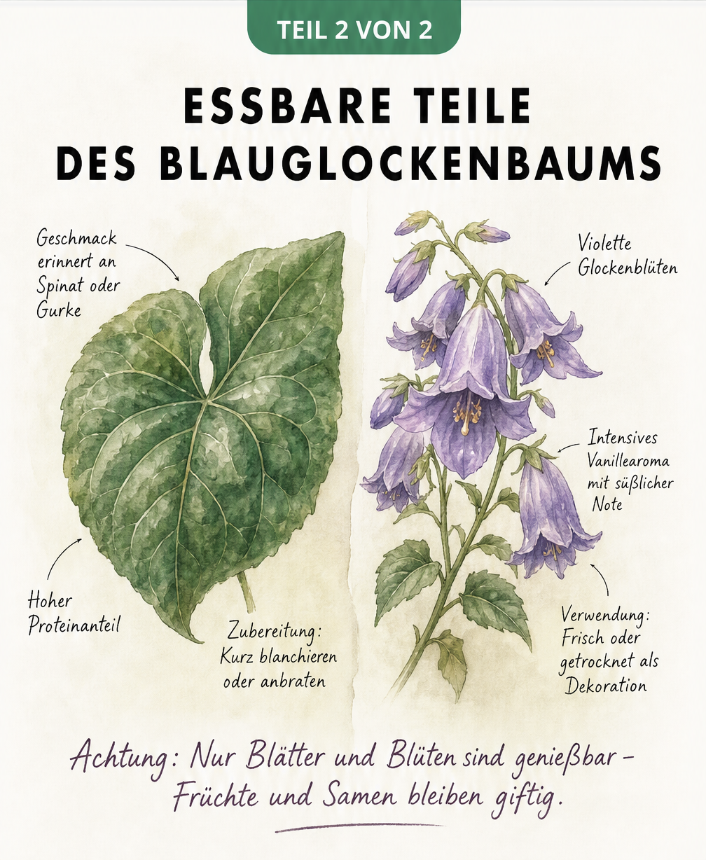 Illustration der essbaren Teile des Blauglockenbaums, die herzförmige Blätter und violette Glockenblüten zeigt.