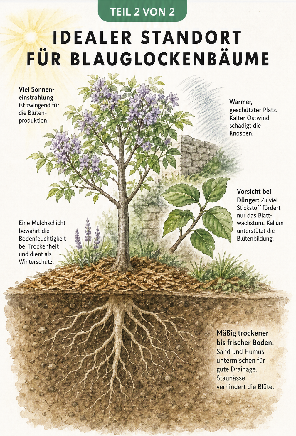 Querschnitt durch einen Garten mit einem Blauglockenbaum, der die idealen Standortbedingungen wie Sonne, Windschutz und Bodenbeschaffenheit illustriert.