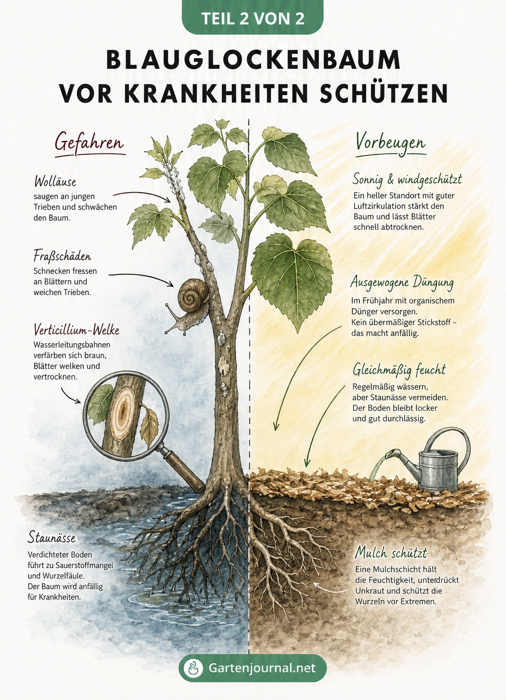 Illustration eines Blauglockenbaums im Querschnitt, die links Krankheiten wie Wurzelfäule und Schädlinge zeigt und rechts ideale, gesunde Wachstumsbedingungen...