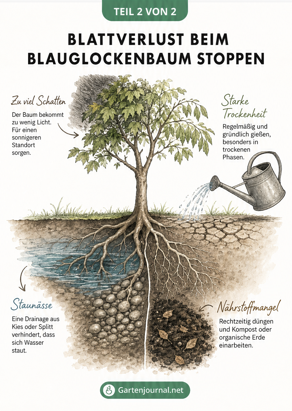Querschnitt-Zeichnung eines Blauglockenbaums mit Krone und Wurzelwerk, die Pflegefehler wie Schatten, Trockenheit, Staunässe und Nährstoffmangel zeigt.