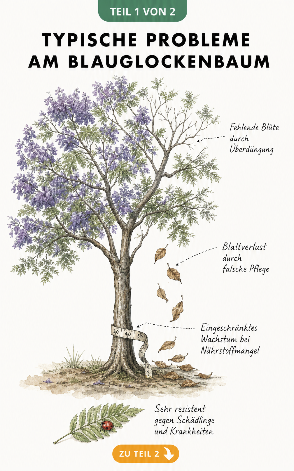 Botanische Illustration eines Blauglockenbaums, die typische Probleme wie fehlende Blüte durch Überdüngung, Blattverlust durch falsche Pflege und...