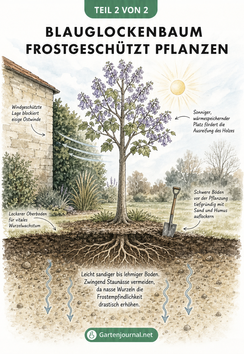 Skizze eines Blauglockenbaums im Garten mit Hinweisen zum idealen Standort und zur Bodenbeschaffenheit für optimale Winterhärte