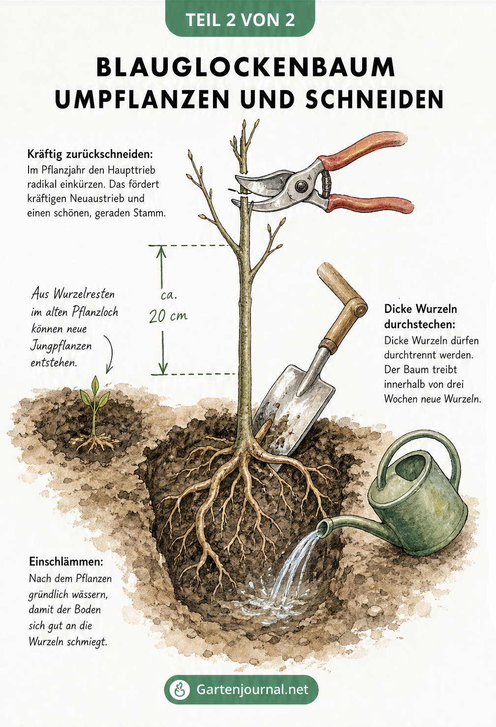 Illustration eines wurzelnackten Blauglockenbaums beim Umpflanzen, mit Hinweisen zum Durchstechen dicker Wurzeln, radikalem Rückschnitt und Einschlämmen.