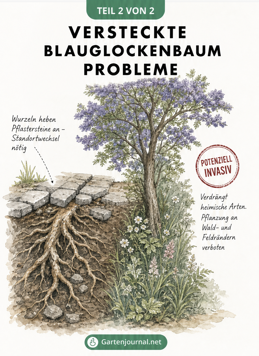 Querschnitt-Illustration eines Blauglockenbaums, die zeigt, wie kräftige Wurzeln Pflastersteine anheben und der Baum heimische Pflanzen verdrängt.