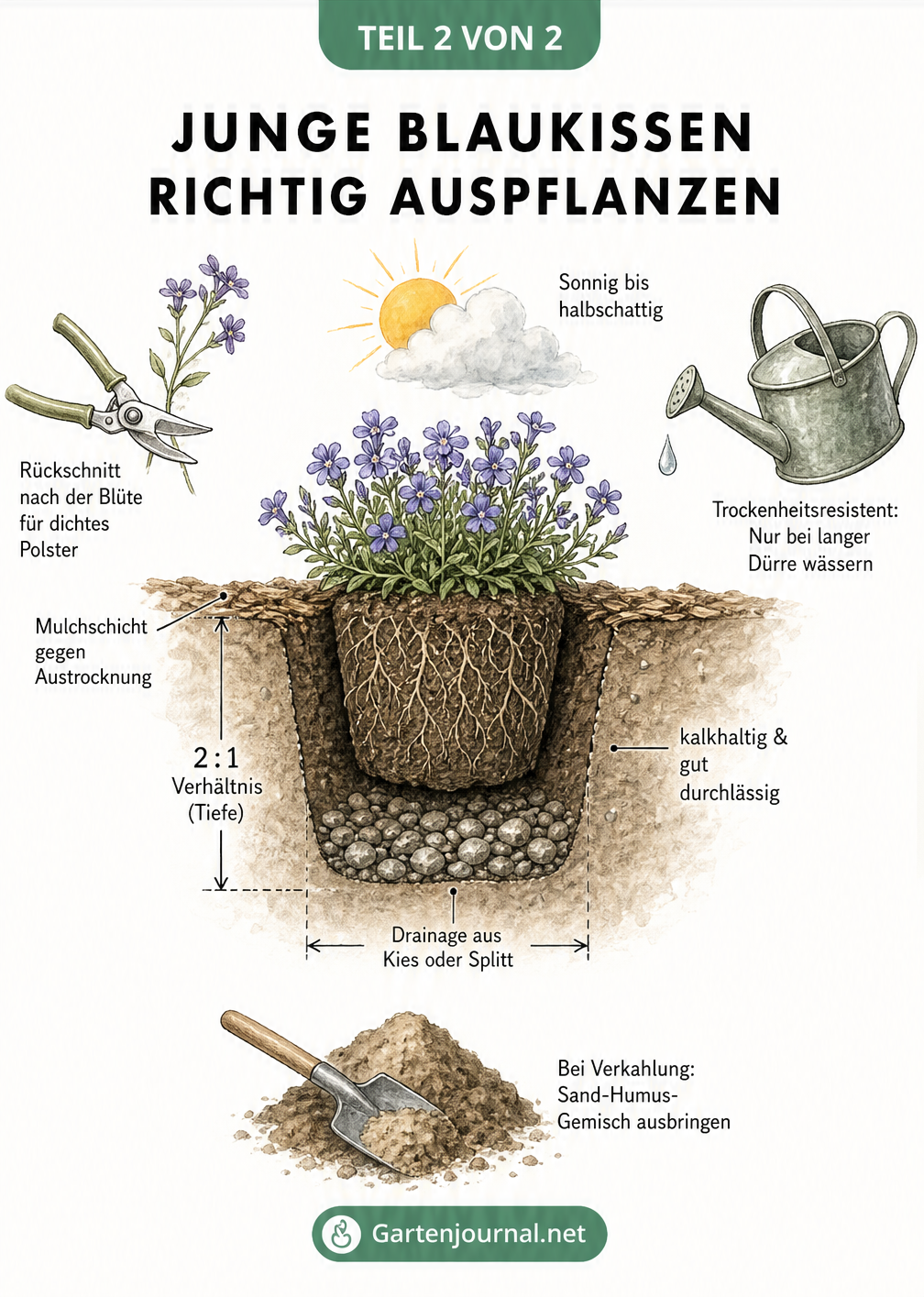 Querschnitt eines Pflanzlochs für Blaukissen mit Drainage und Mulchschicht