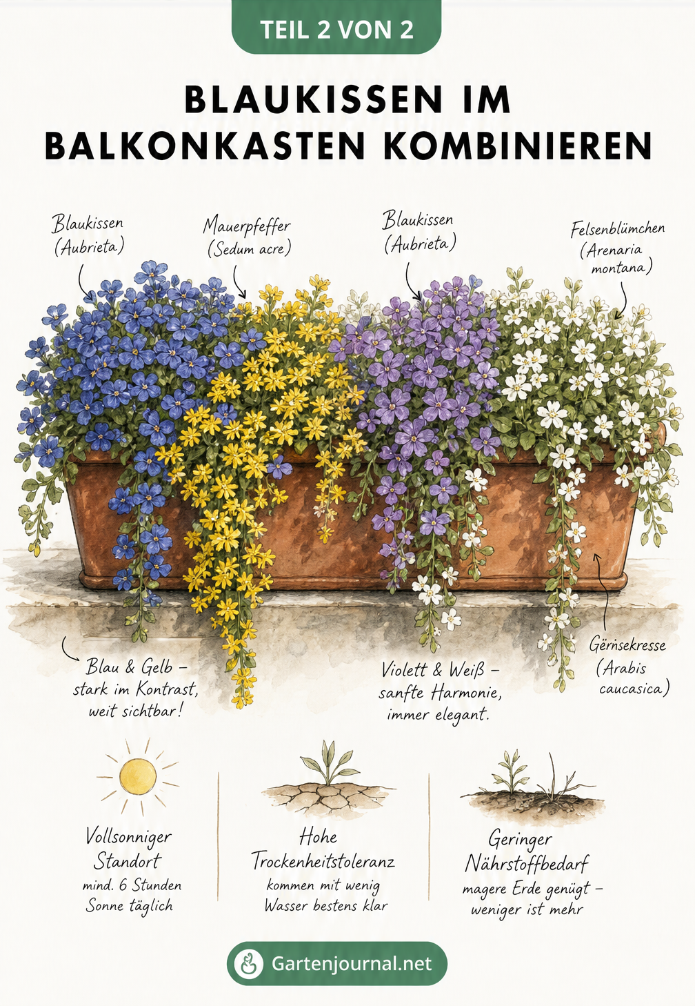 Illustration eines Balkonkastens mit Blaukissen, Mauerpfeffer, Felsenblümchen und Gänsekresse