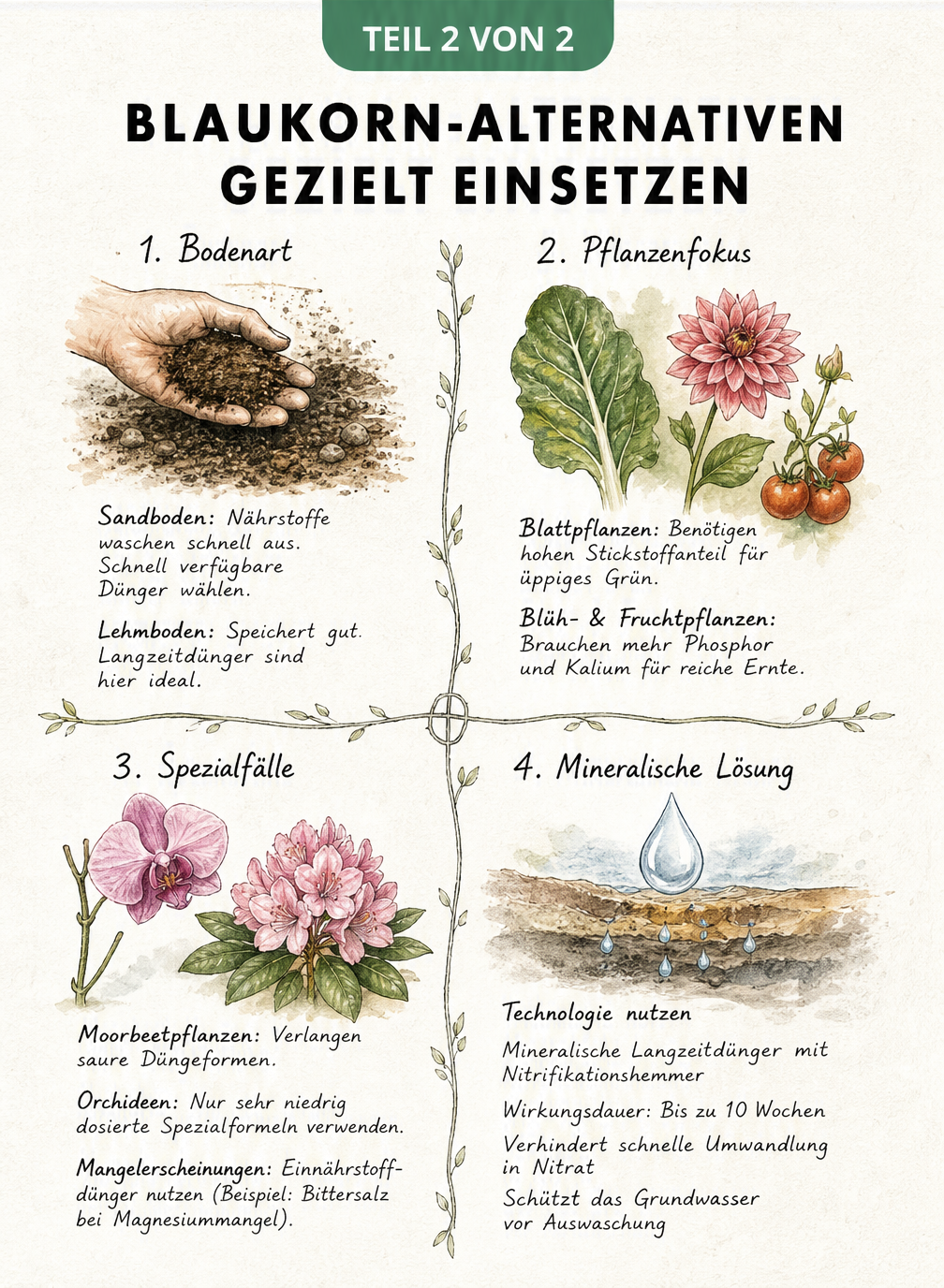 Illustration eines Garten-Journals mit Tipps zum gezielten Einsatz von Blaukorn-Alternativen je nach Bodenart, Pflanzenfokus und Spezialfällen