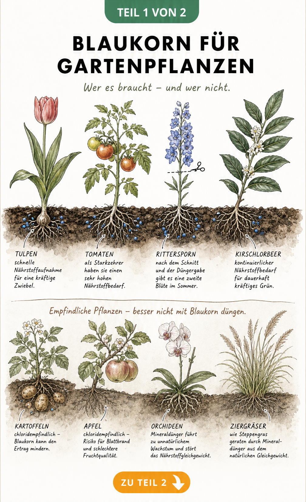 Botanische Illustration von Gartenpflanzen, die Blaukorn benötigen oder empfindlich darauf reagieren