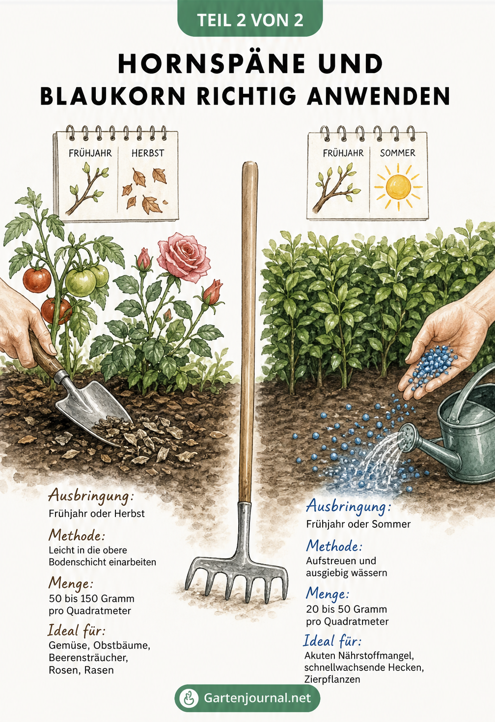 Illustration von blauem Blaukorn-Granulat, das sich in Wasser auflöst, mit einem grünen Pflanzentrieb